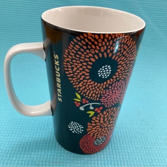 STARBUCKS 2014 Dot Collection Brown Floral Gold 16oz. Ceramic Coffee Tea mug - Picture 2 of 7
